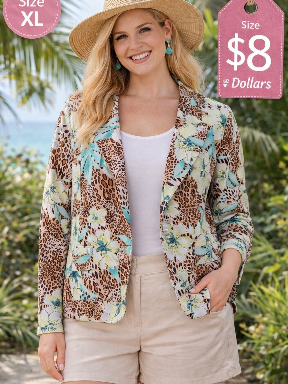 Floral Leopard Print Lightweight Blazer - Brown & Aqua